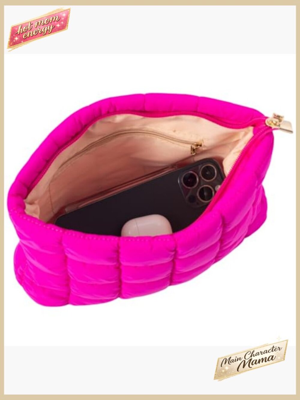 Quilted Puffer Makeup Bag with Detachable Pearl Bracelet Slim Cosmetic Pouch - Picture 5 of 6